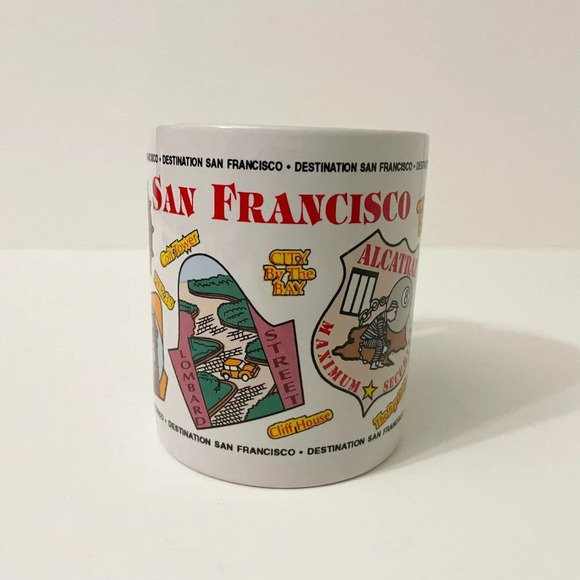 Vtg Destination San Francisco Mug Illustrations  Golden Gate Bridge Cable Car - Picture 1 of 13
